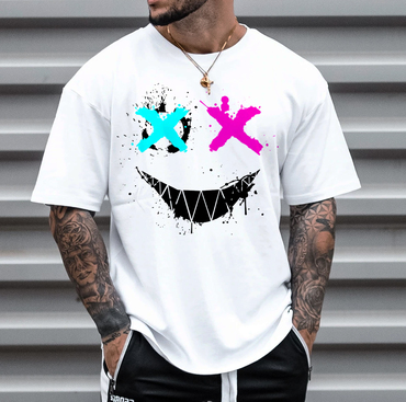 Men's Fashion Smiley Print Chic Short Sleeve T-shirt Casual Crew Neck Top