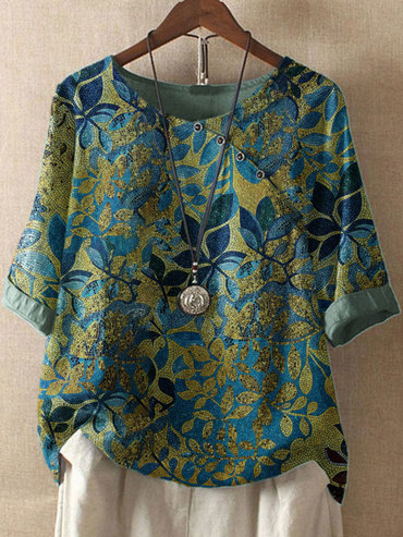 Round Neck Bronzing Leaf Print Chic Casual Blouse