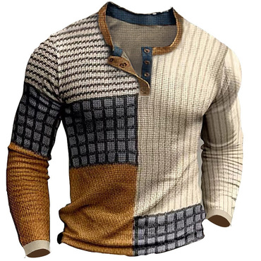 Men's Henley T-shirt Vintage Chic 3d Print Color Block Festival Holiday Plaid Striped Outdoor Long Sleeve Top