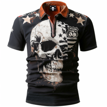 Men's Vintage Route 66 Chic American Flag Skull Print Daily Short Sleeve Henley Neck T-shirt