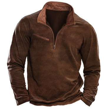 Men's T-shirt 1/4 Zip Chic Leather Lapel Long Sleeve Vintage Pocket Everyday Pullover