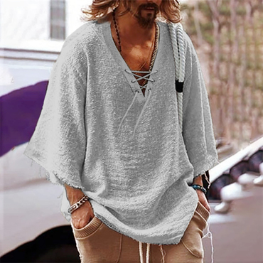 Men's Loose 3/4 Sleeve Chic Lace-up Linen Top