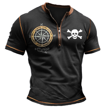 Men's Vintage Nautical Compass Chic Skull Color Block Zipper Henley Collar T-shirt