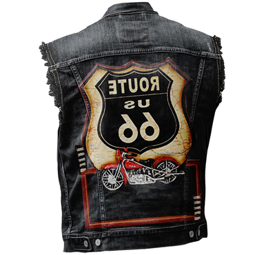 Men's Vintage Rock Punk Chic Route 66 Motorcycle Print Washed Distressed Ripped Denim Vest