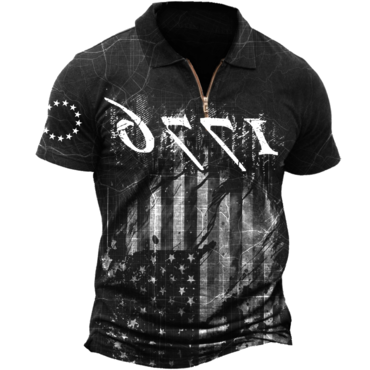 Men's New York Map Chic American Flag 1776 Independence Day Print Zip Neck T-shirt