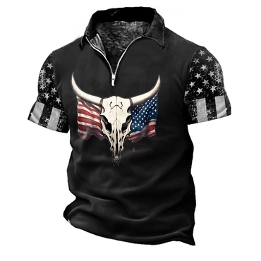 Men's T-shirt American Flag Chic Deer Quarter Zip Vintage Daily Tops