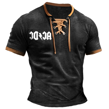 Men's T-shirt Acdc Rock Chic Band Ribbed Lightweight Corduroy Vintage Lace-up Short Sleeve Color Block Summer Daily Tops