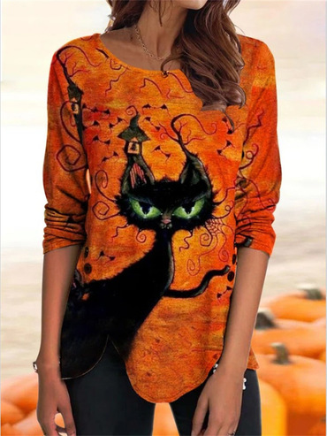Women's Black Cat Halloween Print Chic Round Neck Long Sleeve T-shirt