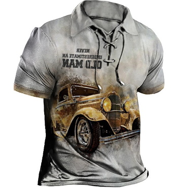 Men's T-shirt Lapel Short Sleeve Chic Jeep Old Man Vintage Lace-up Summer Daily Tops Gray