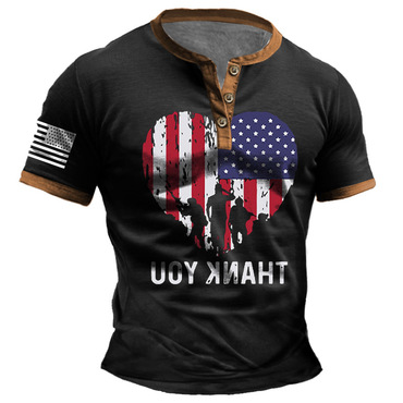 Men's Vintage Memorial Day Chic Thank You Veterans Patriotic American Flag Color Block Print Henley Short Sleeve T-shirt