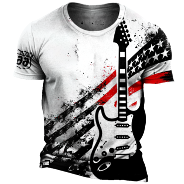 Men's American Flag Guitar Chic Route 66 Rock Punk Road Trip Print T-shirt