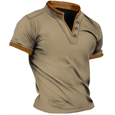 Men's V-neck Contrast Short Sleeved Chic Stand Collar T-shirt