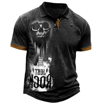 Men's Outdoor Vintage Dark Chic Skull Rock Guitar Print Short Sleeve Color Block Polo T-shirt