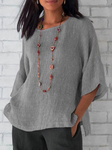 Round Neck Casual Loose Chic Solid Color Mid-sleeve Blouse