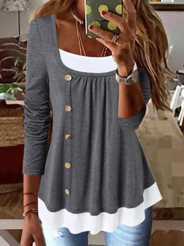 Round Neck Casual Loose Chic Panel Single Breasted Long Sleeve T-shirt
