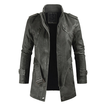 2020 Autumn And Winter Chic New Men's Mid-length Casual Fashion Pu Leather Jacket Stand-collar Slim Youth Windbreaker
