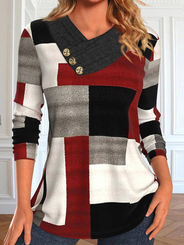 Women's Geometric Graphic Contrast Print Chic V-neck Casual Long Sleeve Top