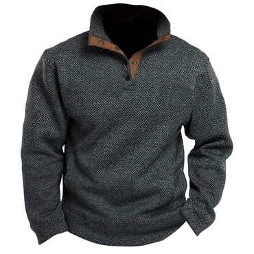 Men's Sweatshirt Vintage Herringbone Chic Snap Contrast Daily Tops Pullover