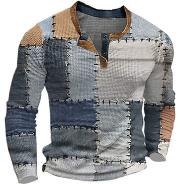 Men's Plaid Patchwork Print Chic Henley Shirt Vintage T Shirt Sports Outdoor Long Sleeve Clothing