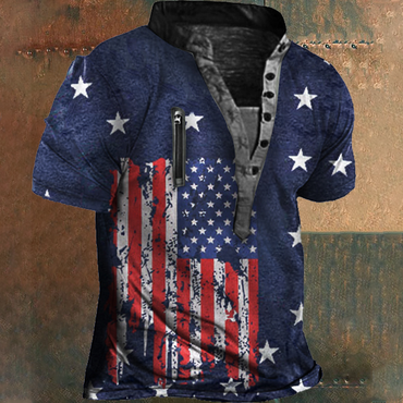 American Flag Print Men's Chic Outdoor Zip Retro Tactical Henley Short Sleeve T-shirt
