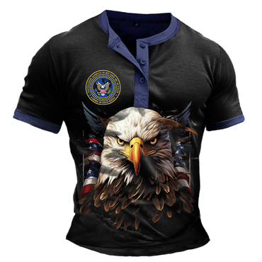 Men's Vintage America National Chic Flag Emblem Color Block Henley Collar T-shirt
