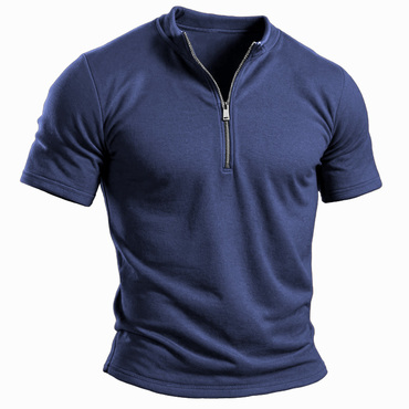 Men's Vintage Outdoor Chic Zipper Henley Short Sleeve T-shirt