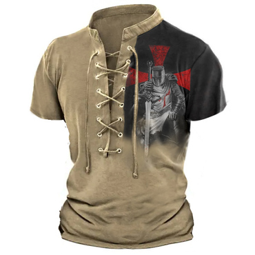 Men's Vintage Templar Print Chic Drawstring Short Sleeve T-shirt