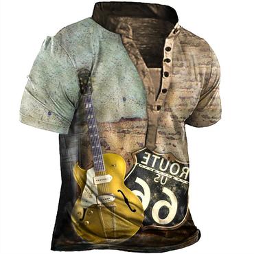 Plus Size Men's Vintage Chic Route 66 Guitar Henley T-shirt