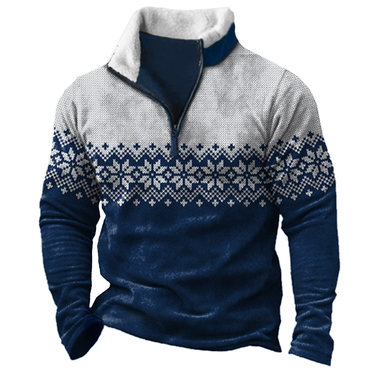 Men's Vintage Christmas Snowflake Chic Colorblock Collar Zip Sweatshirt