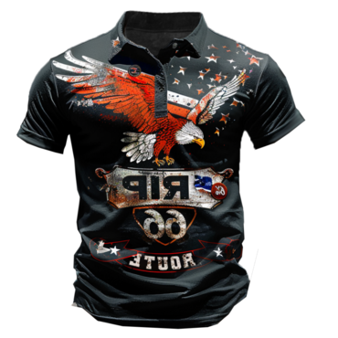 Men's Vintage Route 66 Chic American Eagle Flag Print Daily Short Sleeve Henley Neck T-shirt