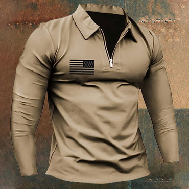 Men's Vintage American Flag Print Chic Zip Lapel Long Sleeve T-shirt