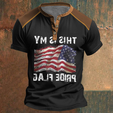 This Is My Pride Chic American Flag Men's T-shirt Henley Vintage Colorblock Summer Daily Tops