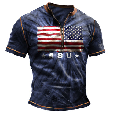 Men's Vintage American Flag Chic Independence Day July 4th Tie Dye Color Block Zipper Henley Collar T-shirt