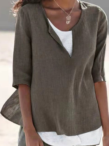 Round Neck Casual Loose Chic Solid Color Long Sleeve Blouse