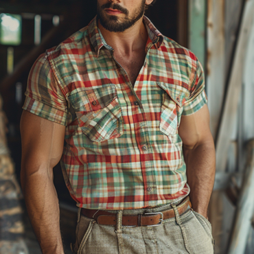 Men's Farm Western Cowboy Print Chic Cotton And Linen Pocket Stand Collar Half Sleeve Lapel Shirt