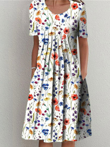 Round Neck Casual Loose Chic Floral Print Short Sleeve Midi Dress