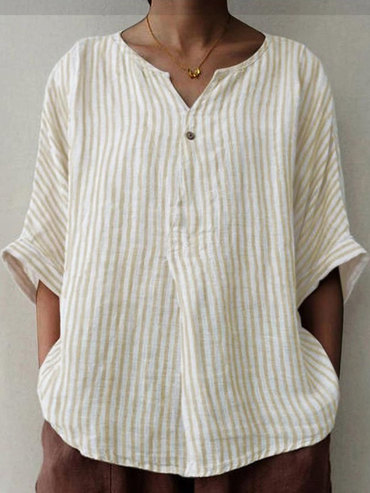 V-neck Loose Stripe Print Chic Sunscreen Short-sleeved Blouse