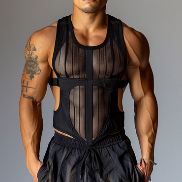 Men's Transparent Vertical Chic Mesh Fitness Sleeve Sexy Tank Top