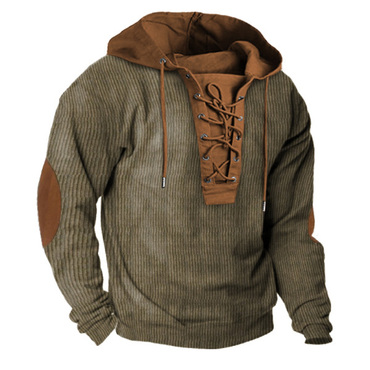 Men's Hoodie Lace-up Vintage Chic Corduroy Color Block Elbow Patches Long Sleeve Outdoor Daily Tops