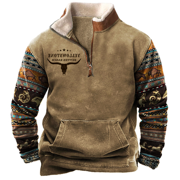 Men's Aztec Hoodies Vintage Chic Western Yellowstone Colorblock Zipper Stand Collar Fleece Sweatshirt