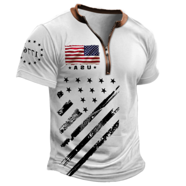 Men's Vintage American Flag Chic Independence Day July 4th 1776 Color Block Zipper Henley Collar T-shirt