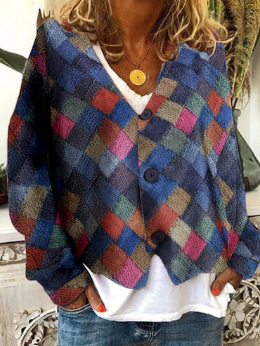 Women's Retro Color Plaid Chic Contrast Print V-neck Knitted Cardigan