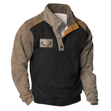 Men's Sweatshirt Vintage Yellowstone Chic Western Antler Hunting Stand Collar Buttons Colorblock Daily Tops