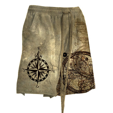 Men's Vintage Nautical Compass Chic Steampunk Auto Wheel Print Drawstring Distressed Casual Shorts