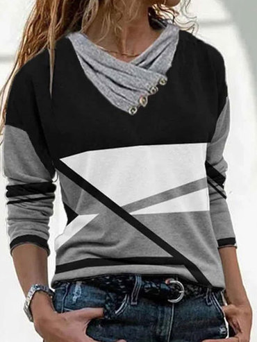 Fashion Color Matching Pile Collar Chic Long-sleeved Casual T-shirt
