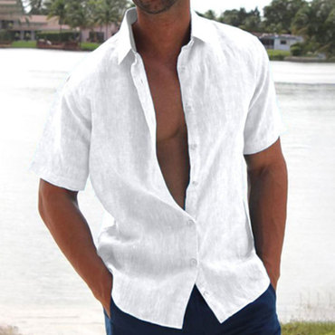 Summer Lapel Solid Color Chic Short Sleeve Men's Linen Blouse