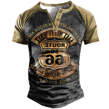 Men's Vintage Route 66 Print Chic Henley Collar T-shirt