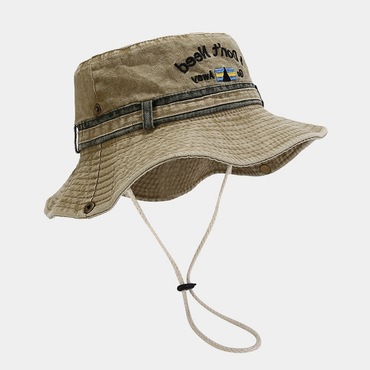 Retro Surf Drawstring Chic Wide Brim Washed Sun Protection Hat Bucket Hat