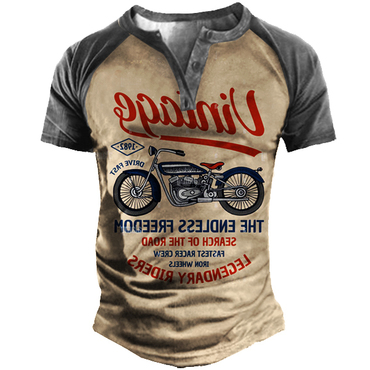 Plus Size Vintage Motorcycle Chic Racing Men's Print Henley Short Sleeve T-shirt