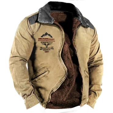 Men's Plush Fleece Warm Chic Lining Vintage Yellowstone Zipper Tactical Outdoor Jacket